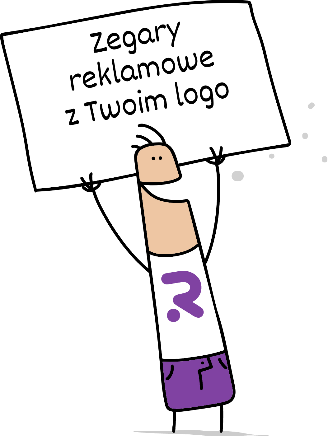 Buddy trzymający napis zegary reklamowe z Twoim logo