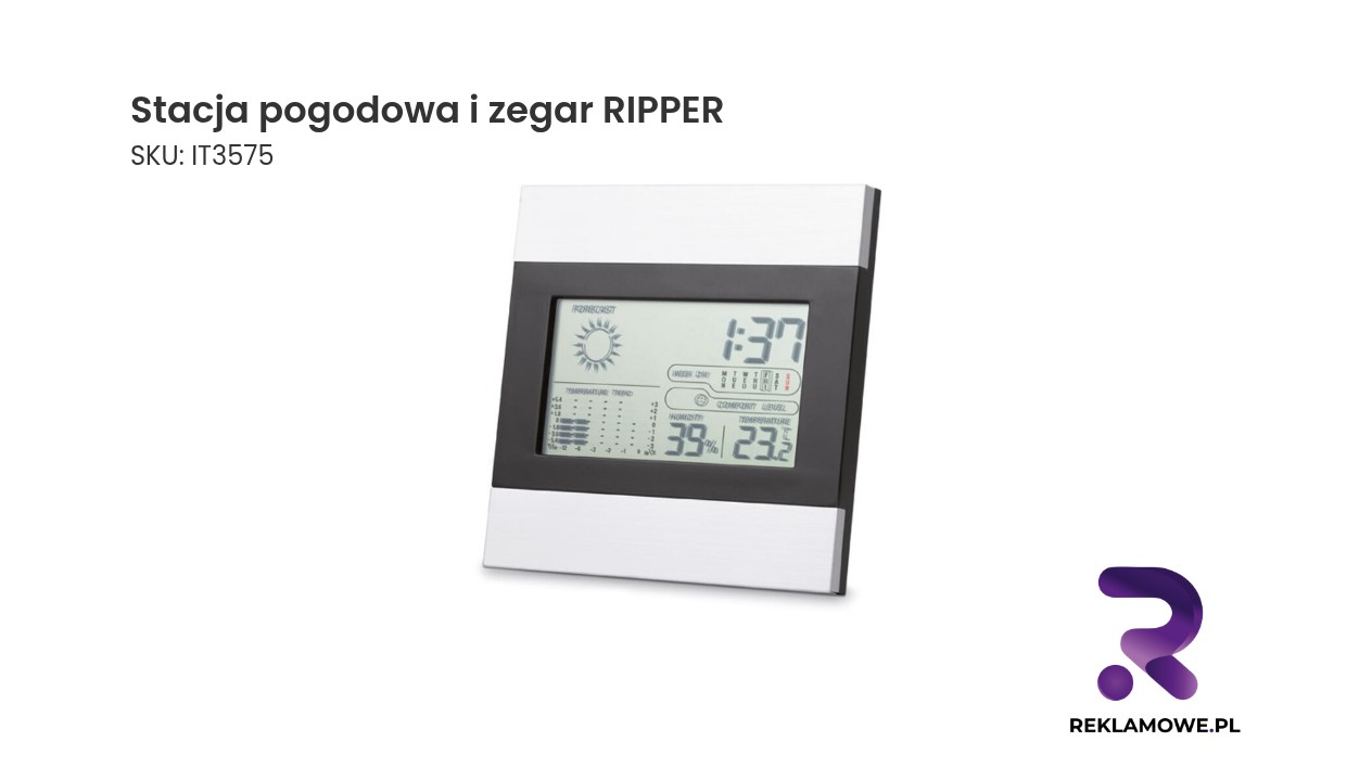 Stacja pogodowa i zegar RIPPER Stacja pogodowa i zegar RIPPER – nowoczesne urządzenie z wyświetlaczem temperatury i czasu